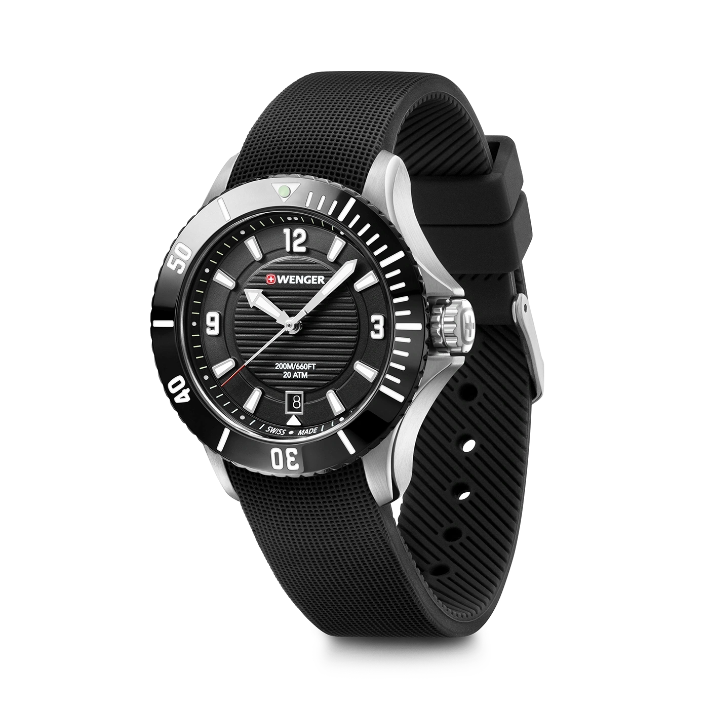 Wenger watch, black, silver, 20 ATM, date, 12, 3, 9, 40, 50, Swiss Made