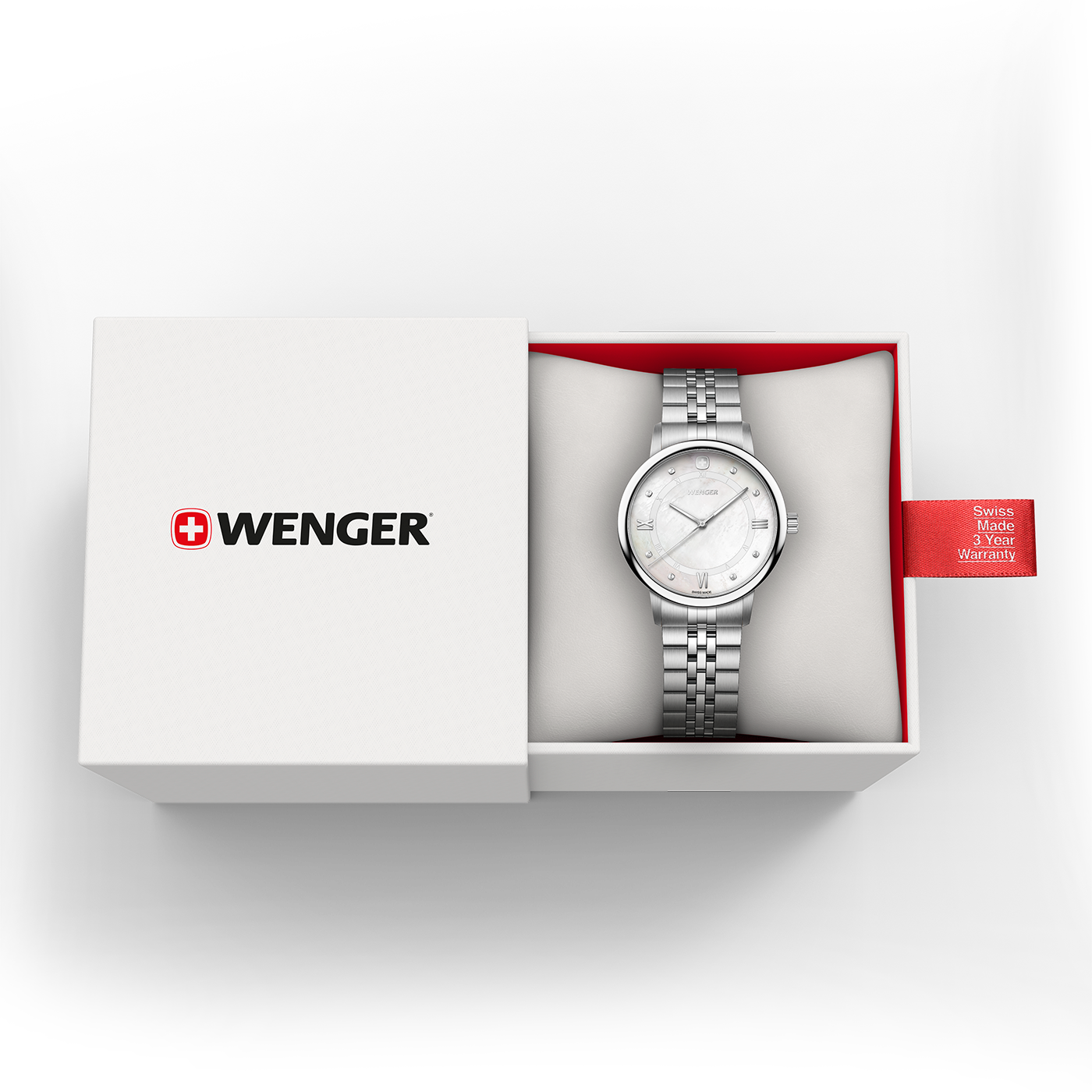 Wenger watch in white gift box with red warranty tag