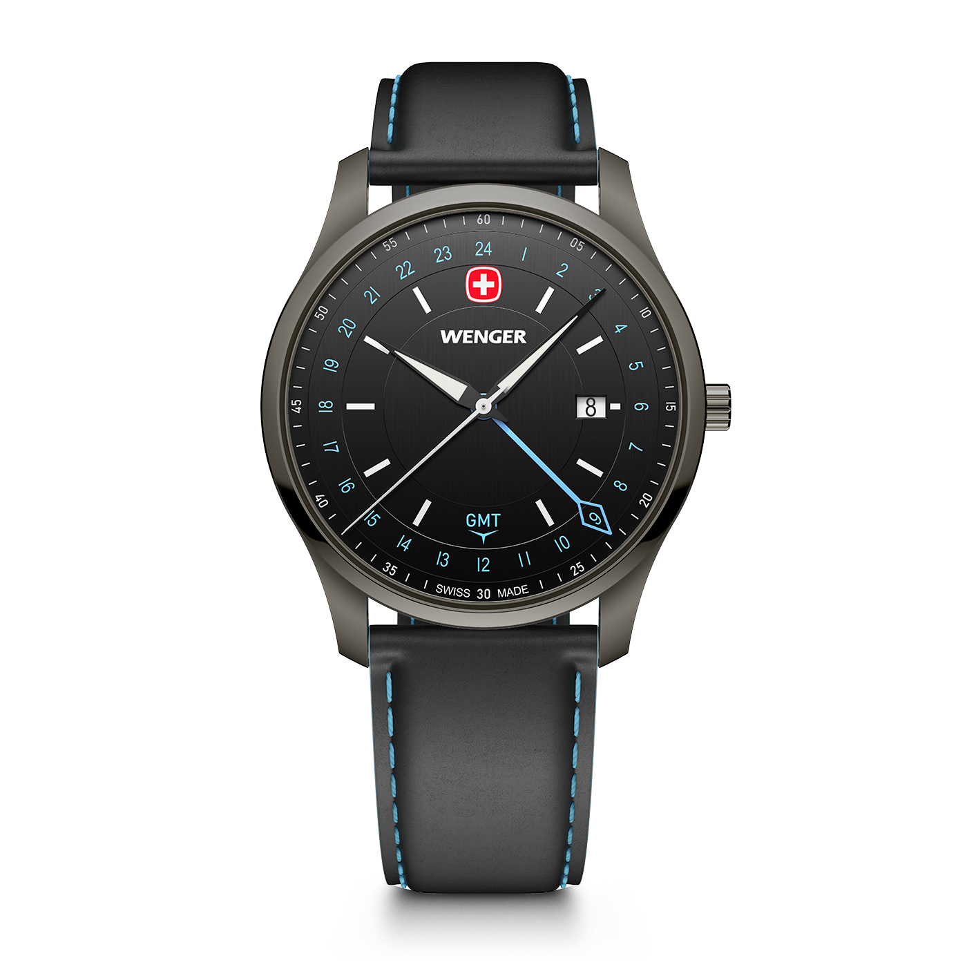 A men's wristwatch with a black dial and leather strap.