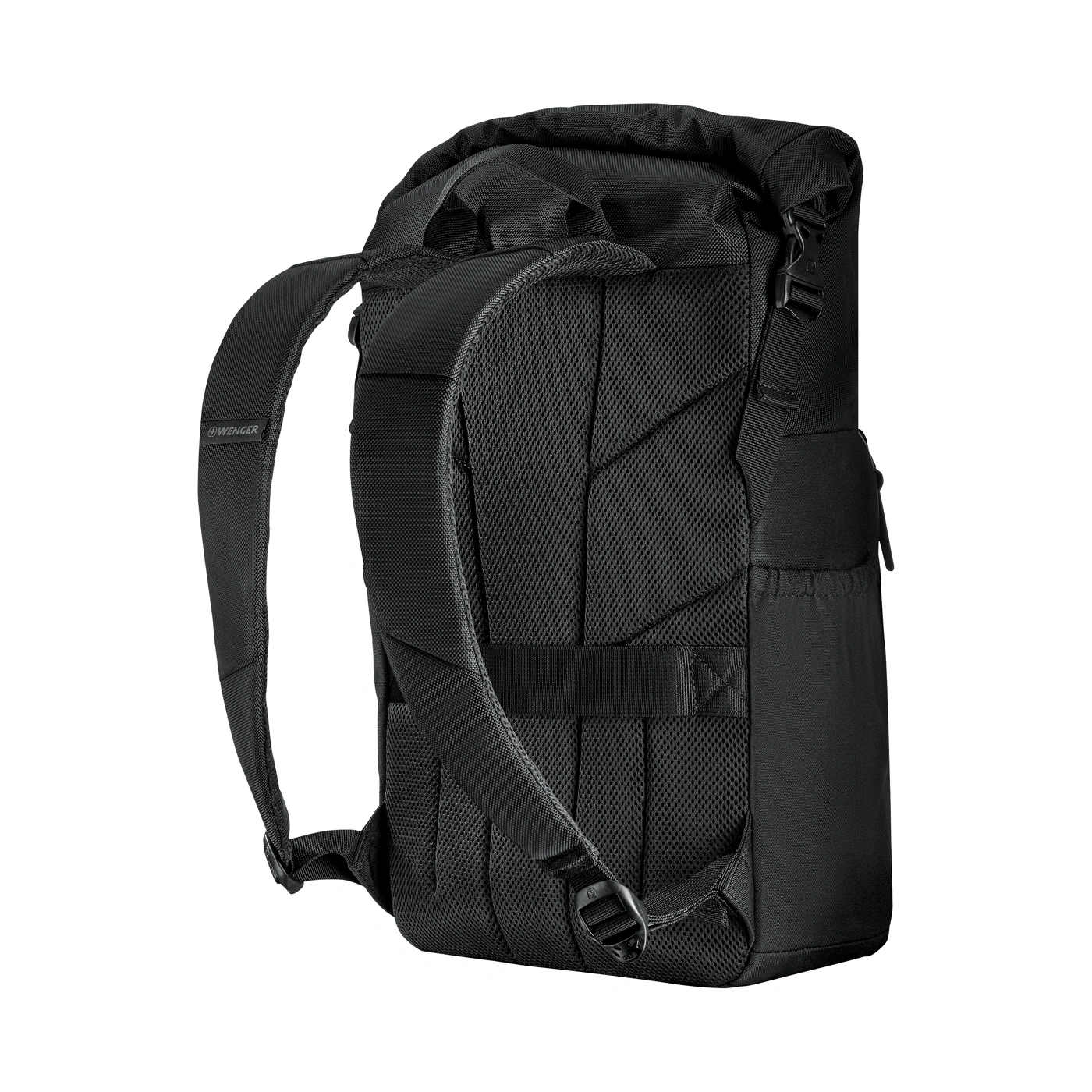 Black backpack with padded straps and mesh back panel.