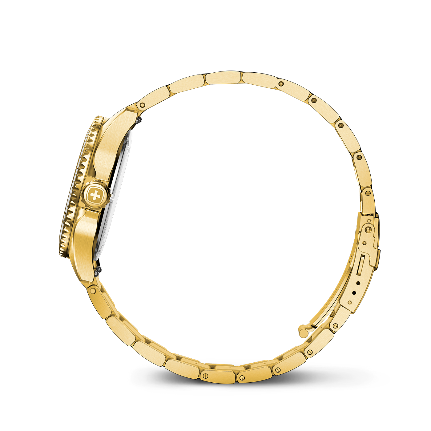 Gold watch with Swiss cross on the dial and bracelet