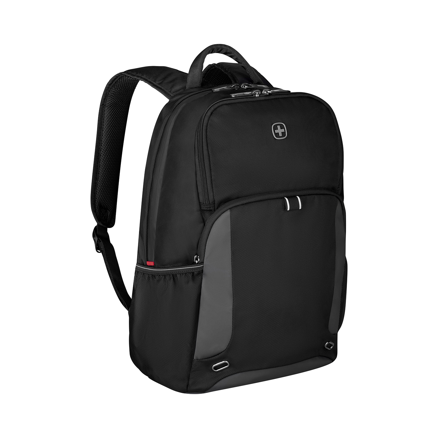 Black backpack with gray accent and Swiss cross logo on a black background